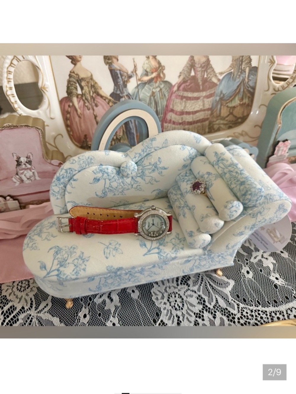 Toile Mini Chaise Jewelry or Trinket Case Marie Antoinette Coquette - Opens